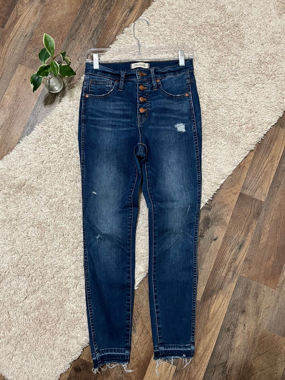 Madewell 26 Dark Wash Raw Hem Button Fly Distressed 10" High-Rise Skinny Jeans